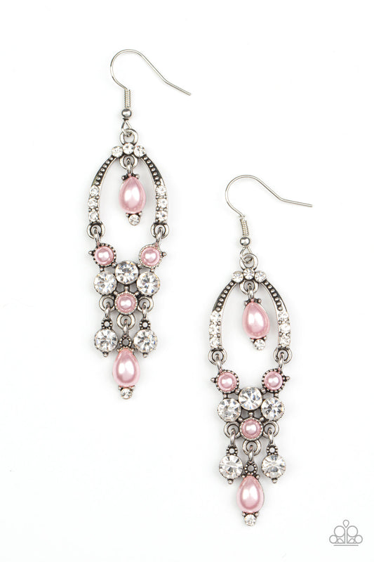 Back In The Spotlight - Pink Pearl & White Rhinestone Ornately Embellished Paparazzi Earrings