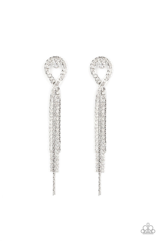Luxury Lasso - White Rhinestone & Flat Silver Chain Tassel Paparazzi Earrings