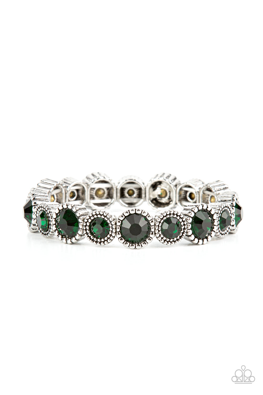 Phenomenally Perennial - Green Gems & Studded Silver Frame Paparazzi Stretch Bracelet