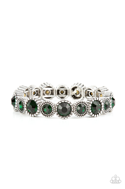 Phenomenally Perennial - Green Gems & Studded Silver Frame Paparazzi Stretch Bracelet