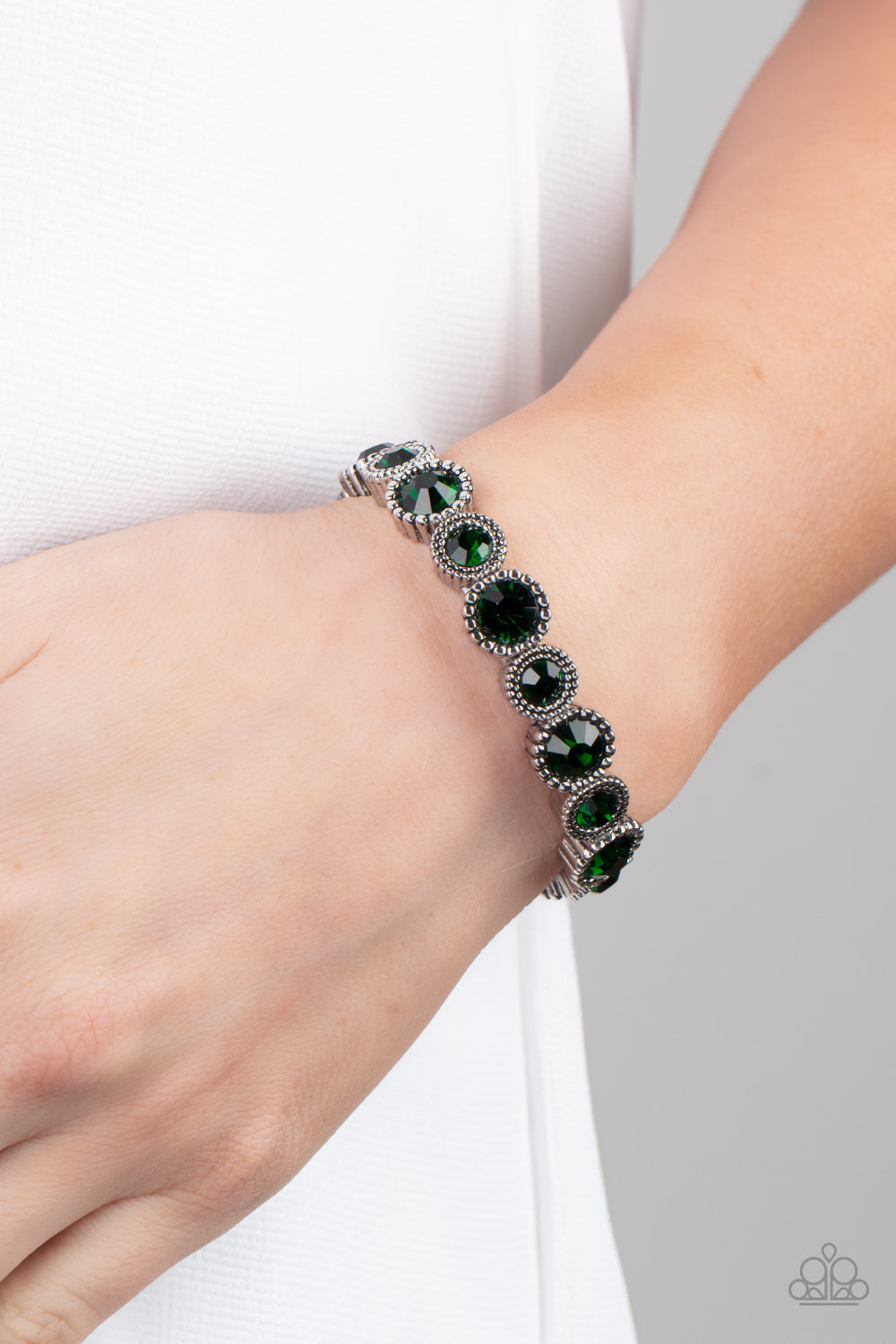 Phenomenally Perennial - Green Gems & Studded Silver Frame Paparazzi Stretch Bracelet