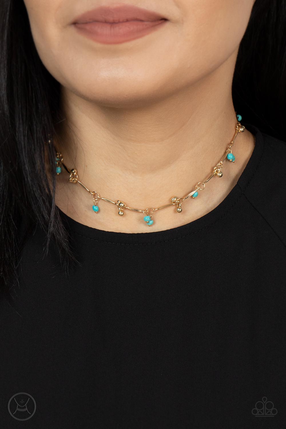 Sahara Social - Gold Dainty Beads/Turquoise Accent Paparazzi Choker Necklace & matching earrings
