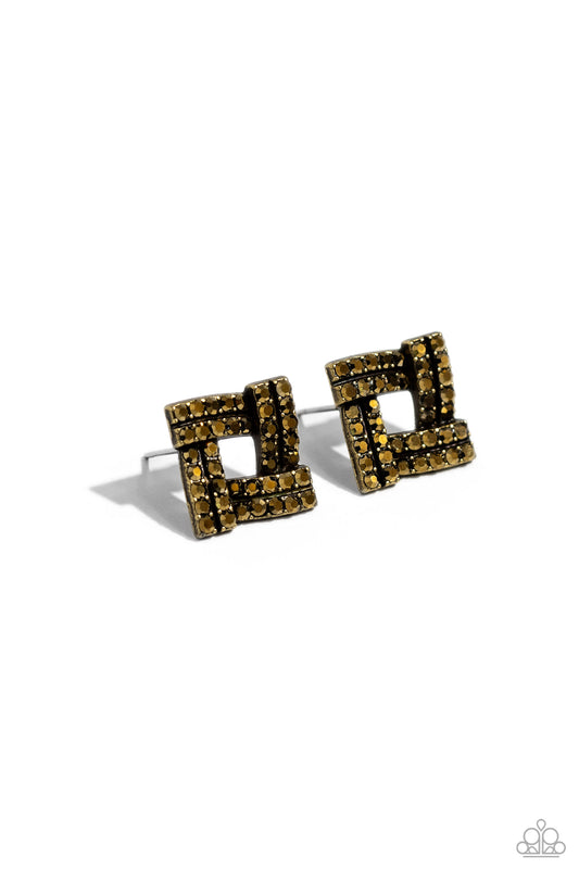 Times Square Scandalous - Brass Bars/Aurum Rhinestones Paparazzi Post Earrings