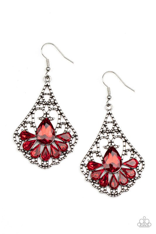 Exemplary Elegance - Red Teardrop Rhinestones & Textured Filigree Frame Paparazzi Earrings