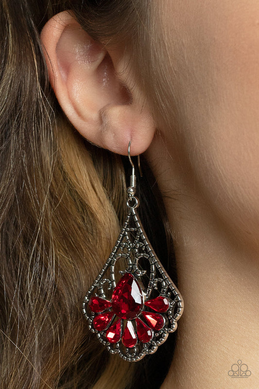 Exemplary Elegance - Red Teardrop Rhinestones & Textured Filigree Frame Paparazzi Earrings