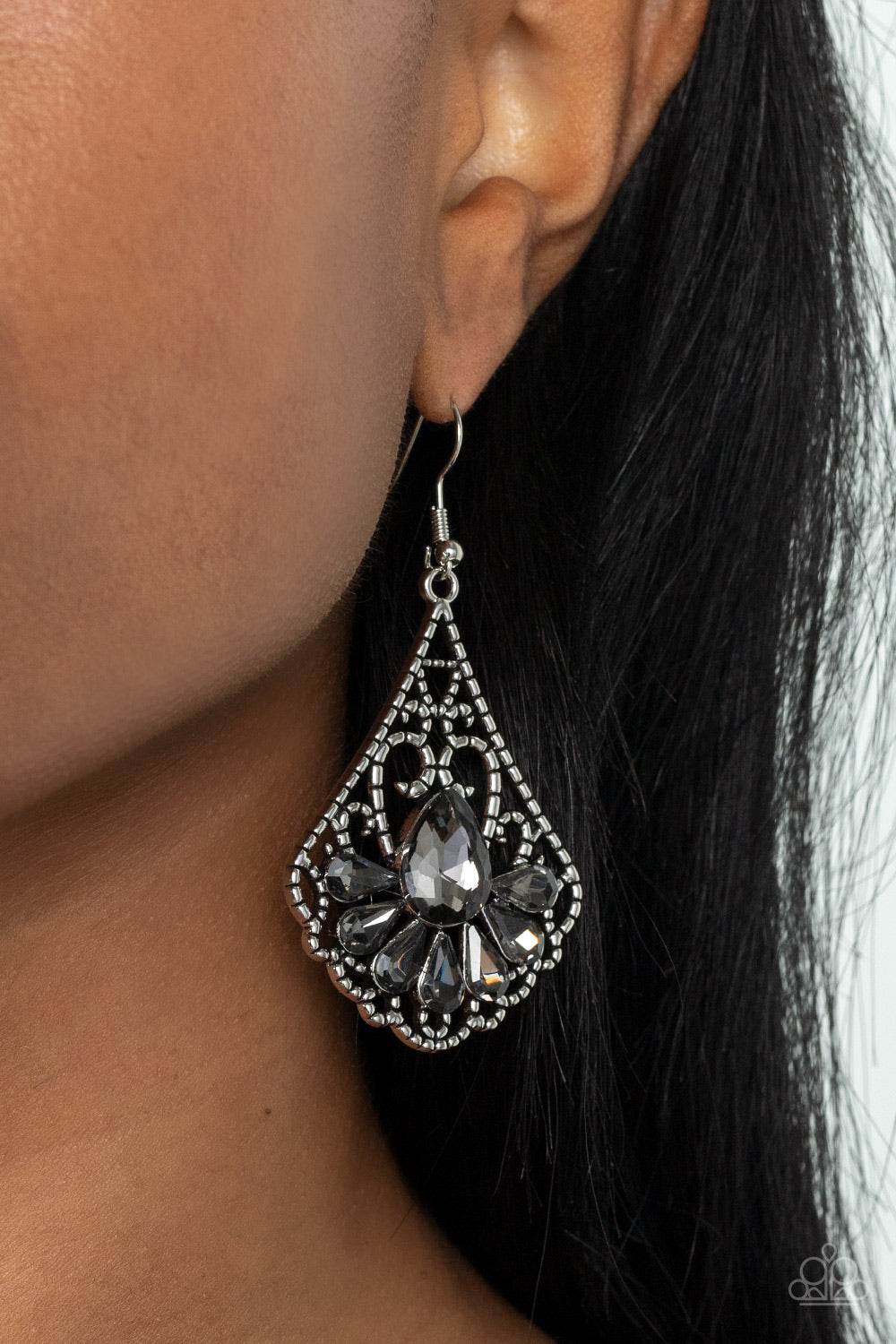 Exemplary Elegance - Silver Smoky Teardrop Rhinestones/Textured Filigree Frame Paparazzi Earrings