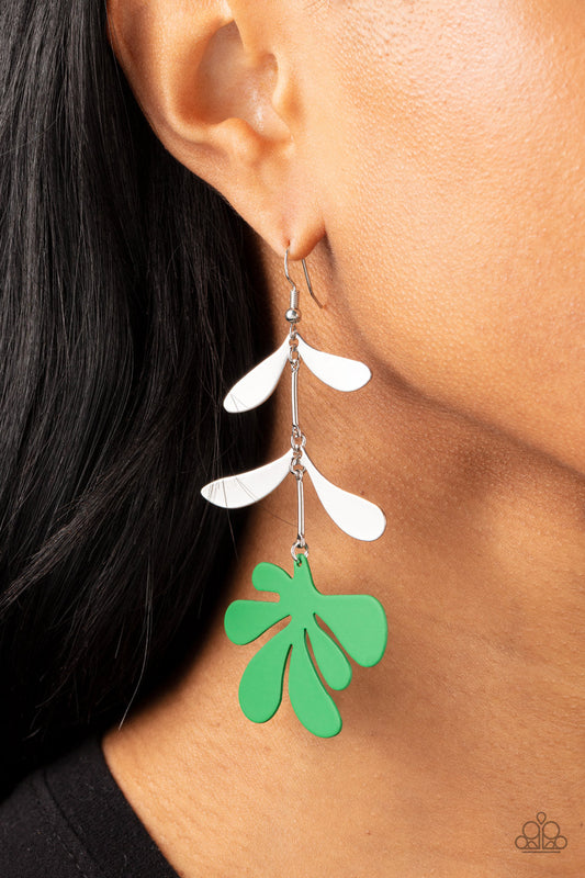 Palm Beach Bonanza - Green & Silver Palm Leaf Paparazzi Earrings