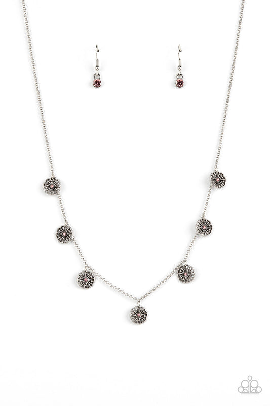 Prairie Perennial - Pink Dainty Rhinestone & Antiqued Floral Medallion Paparazzi Necklace & matching earrings