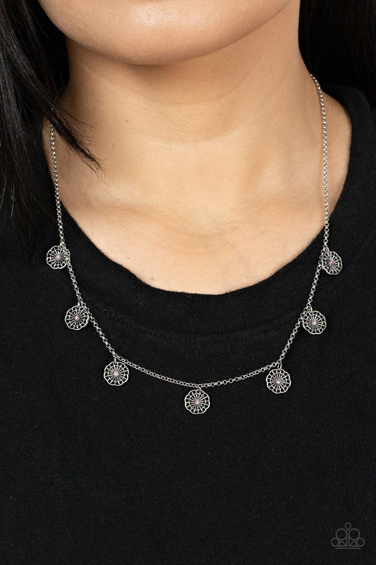 Prairie Perennial - Pink Dainty Rhinestone & Antiqued Floral Medallion Paparazzi Necklace & matching earrings