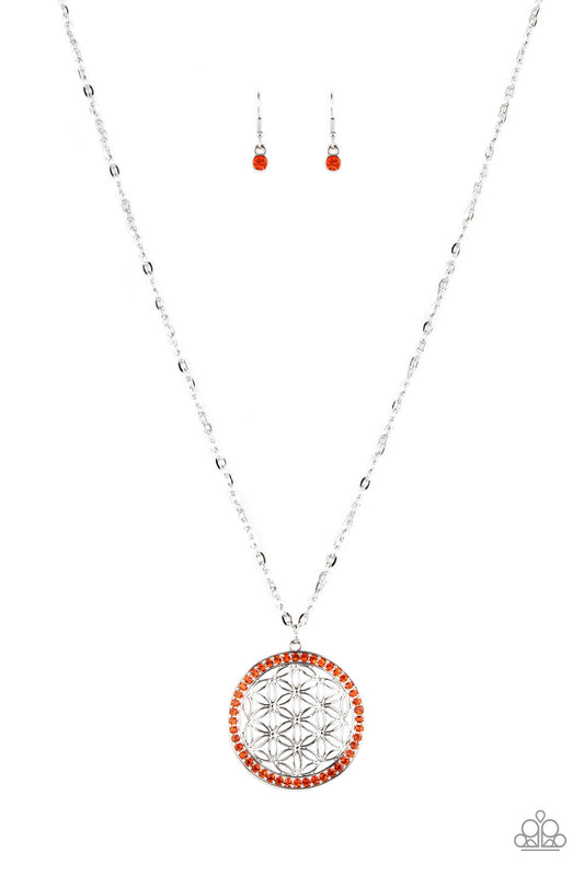 Tearoom Twinkle - Orange Rhinestones/Airy Floral Petal Pendant Paparazzi Necklace & matching earrings