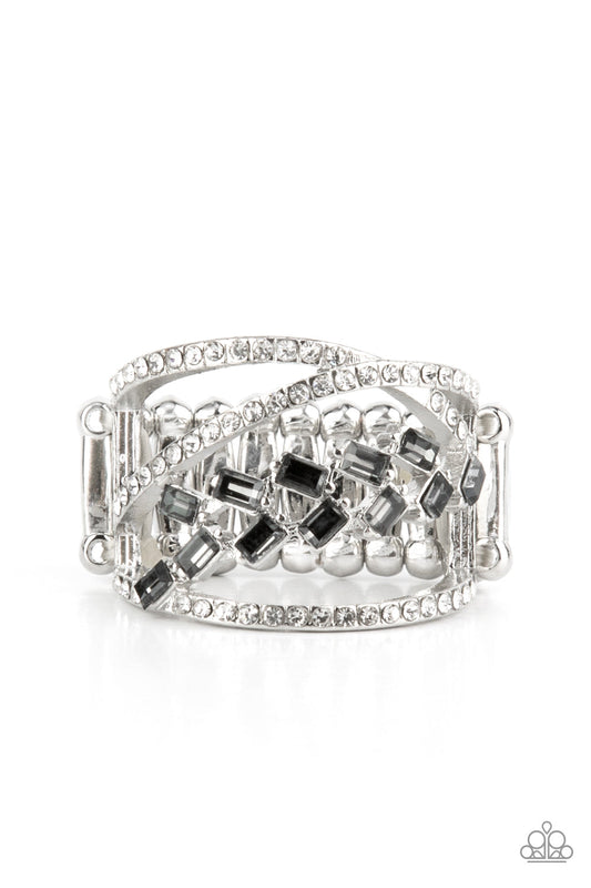 Lavishly Luminary - Silver Smoky Gems/White Rhinestone Crisscrossed Bands Paparazzi Ring