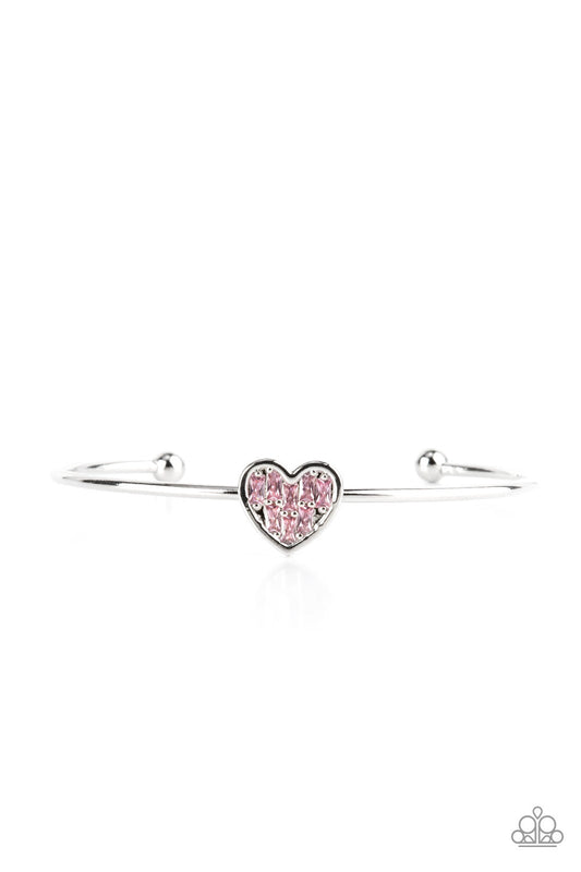 Heart of Ice - Pink Emerald-Cut Rhinestone Encrusted Heart Paparazzi Cuff Bracelet