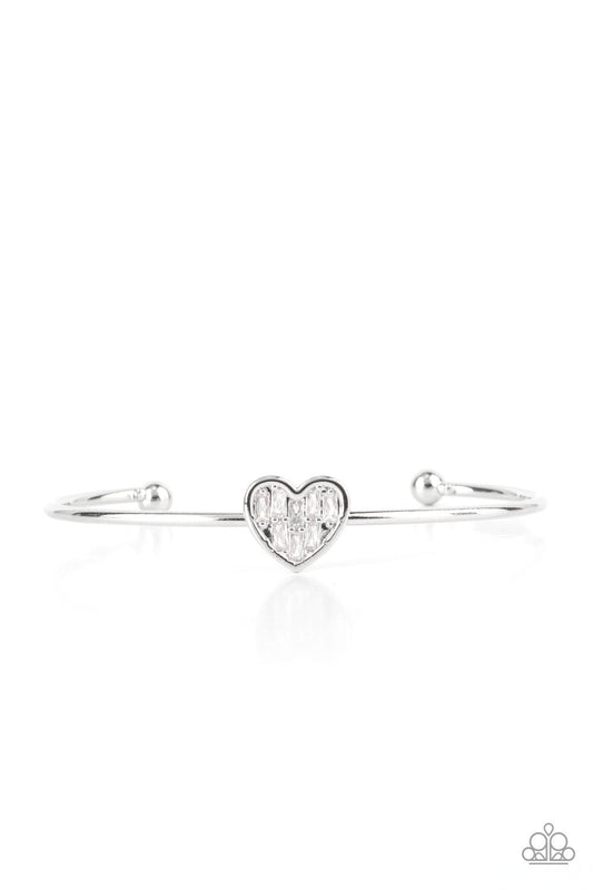 Heart of Ice - White Emerald Cut Rhinestone Encrusted Heart Paparazzi Cuff Bracelet