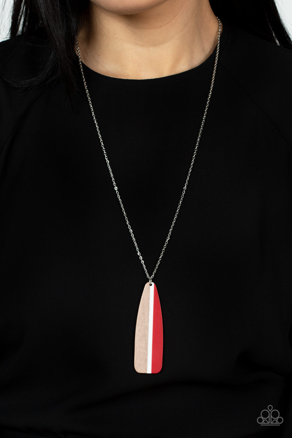 Grab a Paddle - Red, White, & Natural Wood Paddle Shaped Pendant Paparazzi Necklace & matching earrings