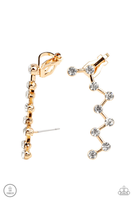 Clamoring Constellations - Gold Dainty Bars & White Rhinestone Paparazzi Ear Crawler Earrings
