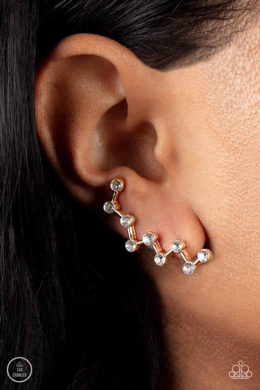 Clamoring Constellations - Gold Dainty Bars & White Rhinestone Paparazzi Ear Crawler Earrings