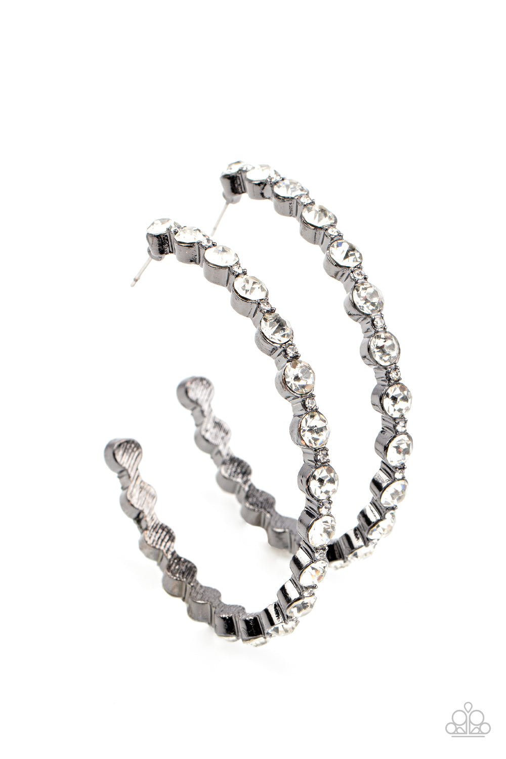 Royal Reveler - Gunmetal & White Rhinestone Encrusted Paparazzi Hoop Earrings
