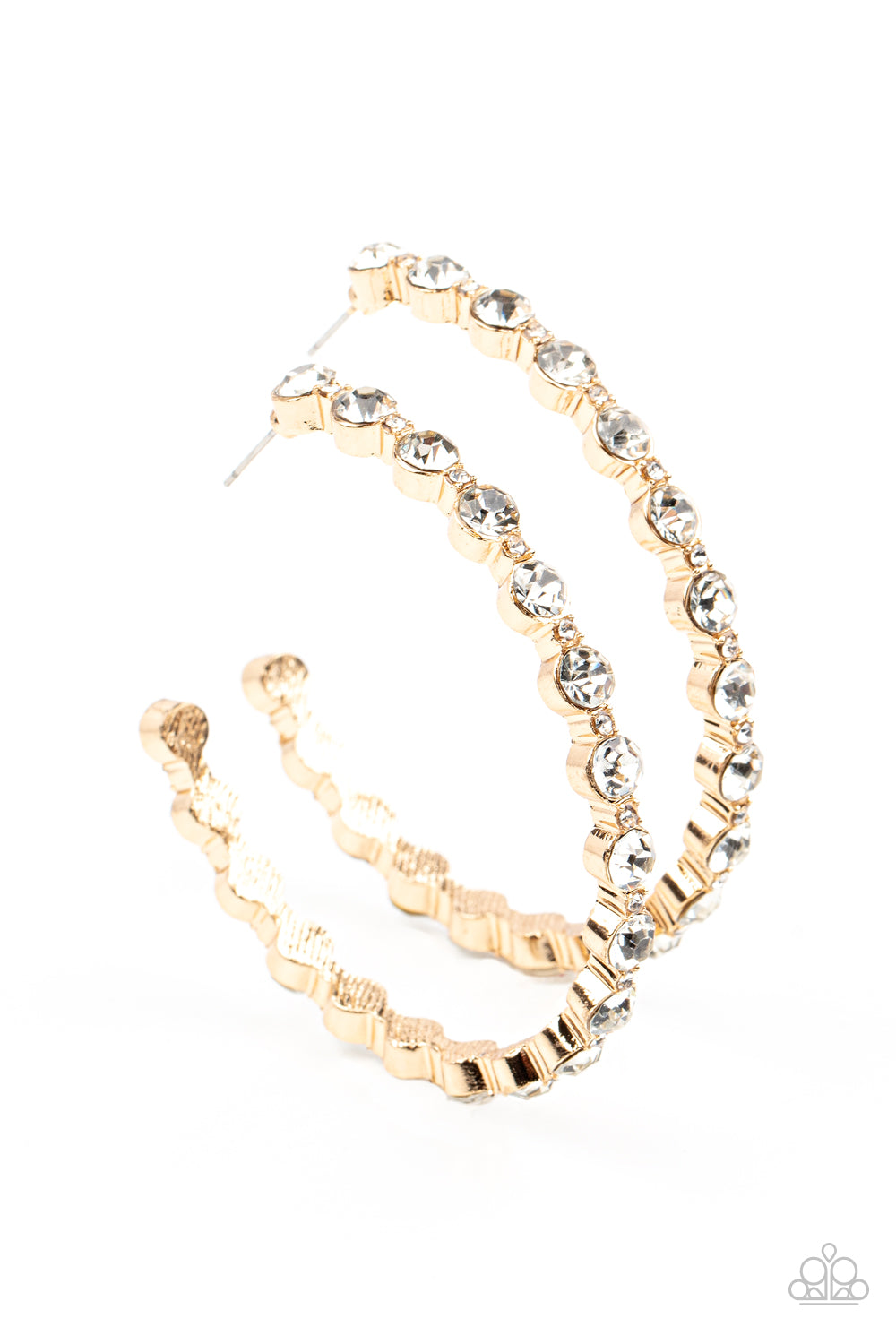 Royal Reveler - Gold & White Rhinestone Encrusted Paparazzi Post Hoop Earrings