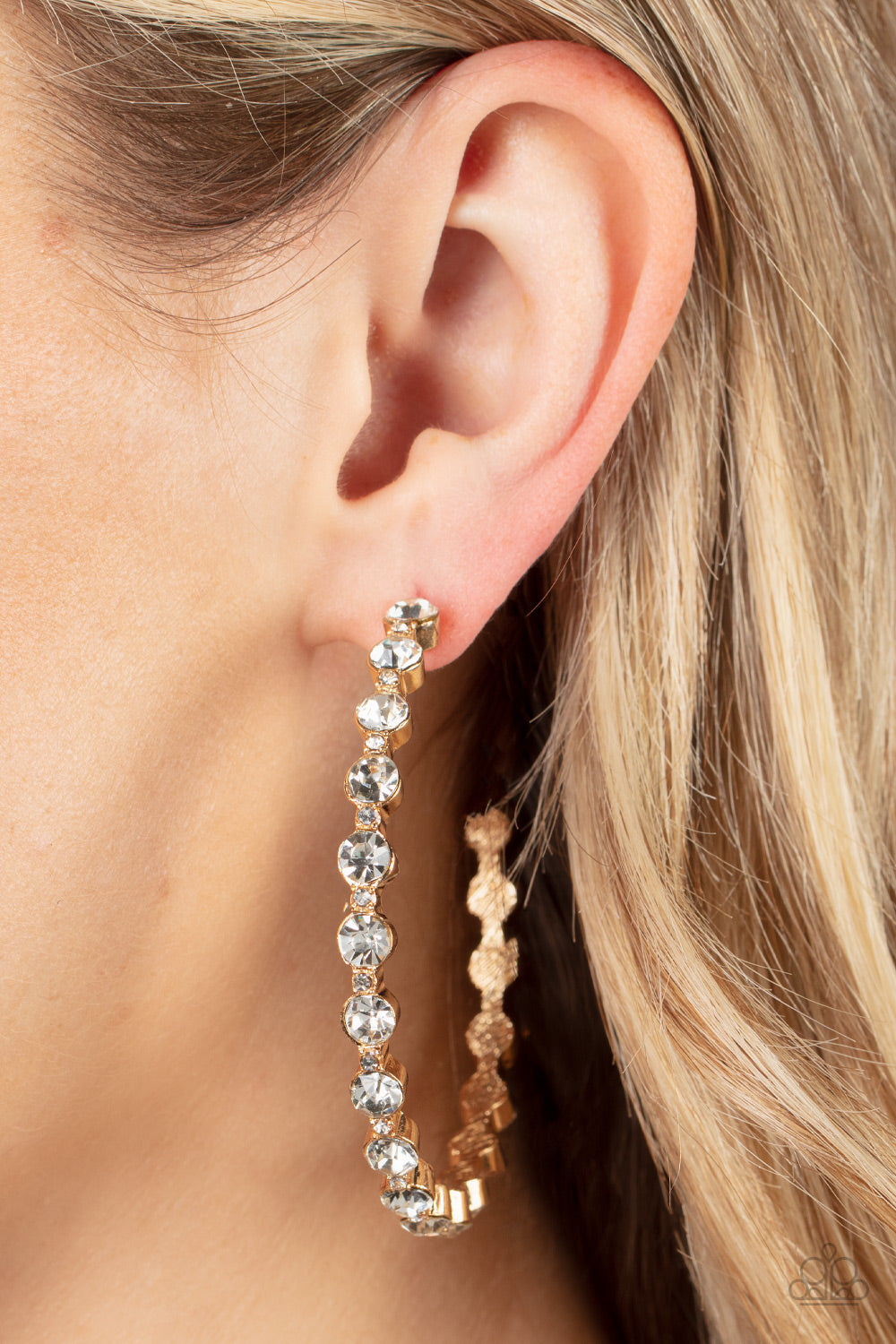 Royal Reveler - Gold & White Rhinestone Encrusted Paparazzi Post Hoop Earrings