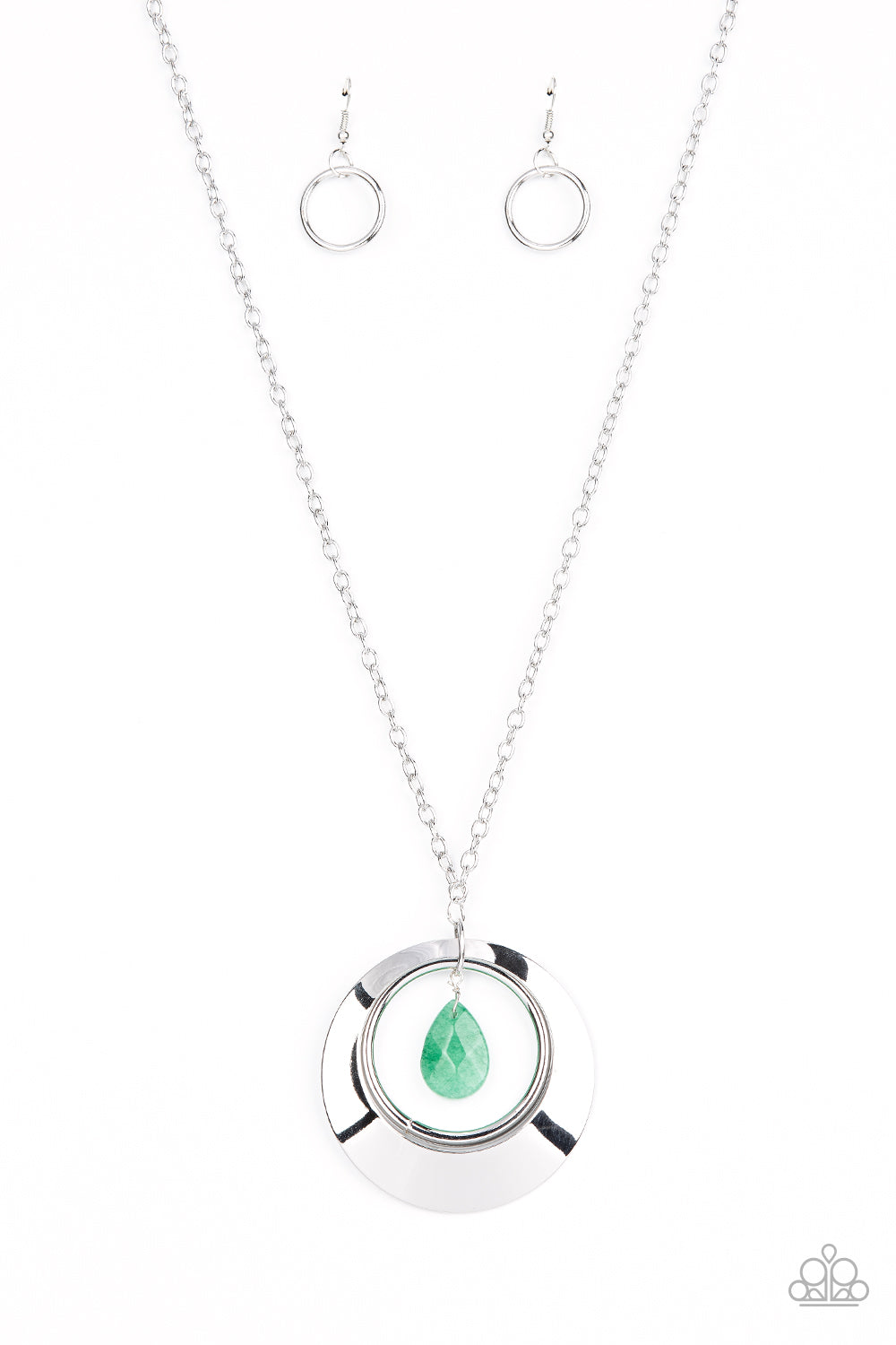 Inner Tranquility - Green Jade Faceted Teardrop & Bold Silver Ring Pendant Paparazzi Necklace & matching earrings