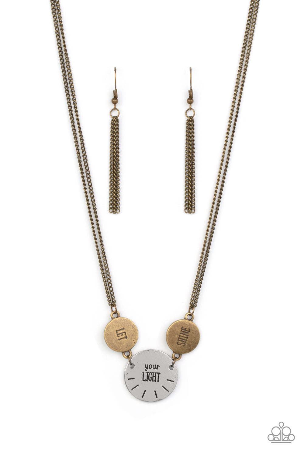 Shine Your Light - Brass "Let Your Light Shine Stamped Pendant Paparazzi Necklace & matching earrings