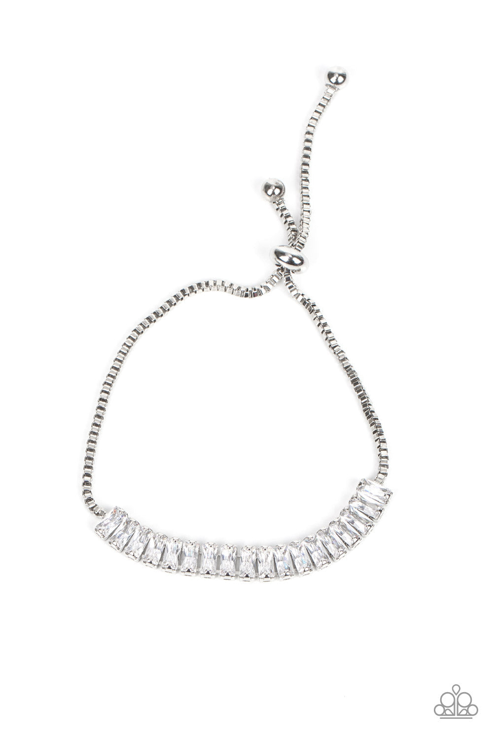 Glitz and Glimmer - White Emerald-Cut Rhinestones & Silver Box Chain Paparazzi Adjustable Bracelet