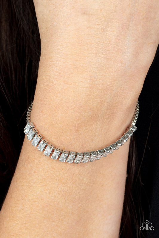 Glitz and Glimmer - White Emerald-Cut Rhinestones & Silver Box Chain Paparazzi Adjustable Bracelet