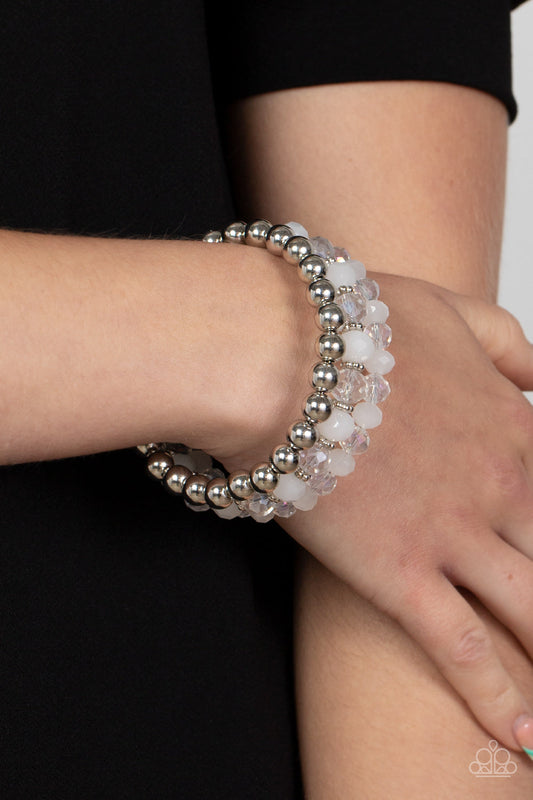 Gimme Gimme - White & Iridescent  Beaded Paparazzi Coil Bracelet