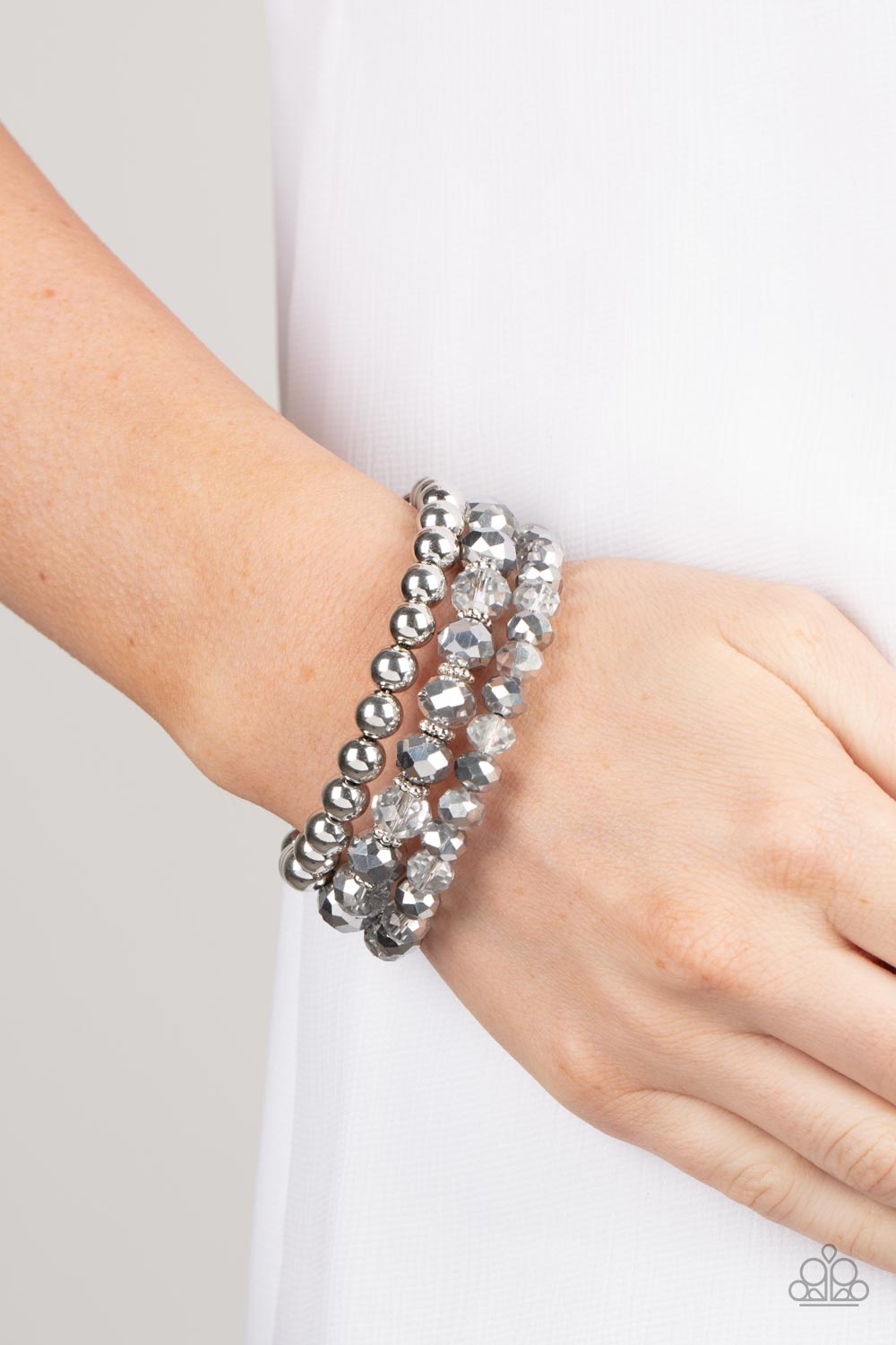Gimme Gimme - Silver Beads & Hematite Flecked Rhinestone Gem Paparazzi Coil Bracelet