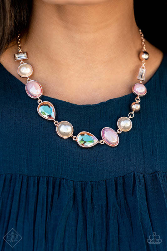 Nautical Nirvana - Rose Gold, White Pearls, Rosette Pearls, & Iridescent Teardrop Paparazzi Necklace & matching earrings