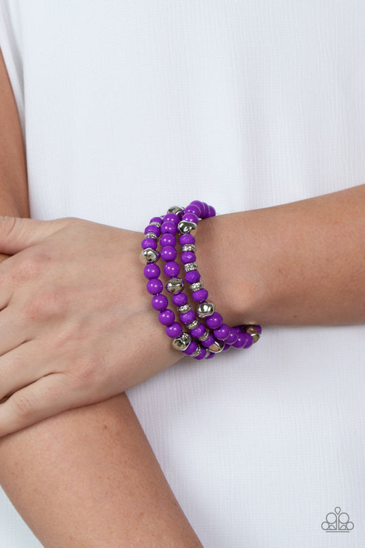 Vibrant Verve - Purple & Silver Smooth, Textured, and Faceted Beaded Paparazzi Coil Bracelet