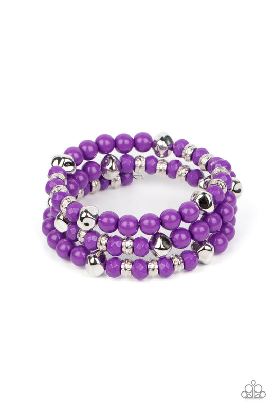 Vibrant Verve - Purple & Silver Smooth, Textured, and Faceted Beaded Paparazzi Coil Bracelet