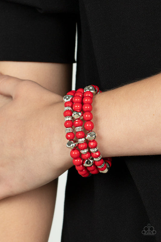 Vibrant Verve - Red & Silver Beaded Paparazzi Coil Bracelet