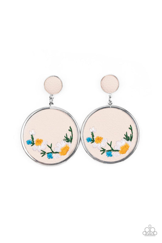 Embroidered Gardens - Multi Embroidered Flowers/Small Leather Disc Paparazzi Post Earrings