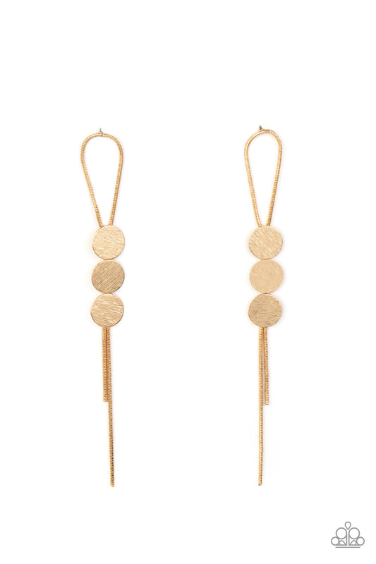 Bolo Beam - Gold Snake Chain & Scratched Disc Paparazzi Earrings
