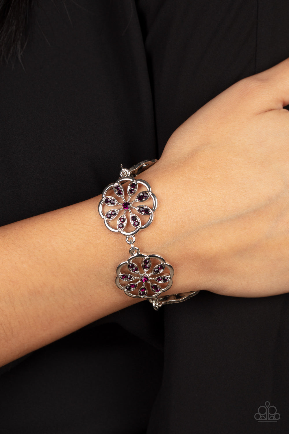 Blooming Bling - Purple Rhinestone Floral Accent Paparazzi Adjustable Bracelet