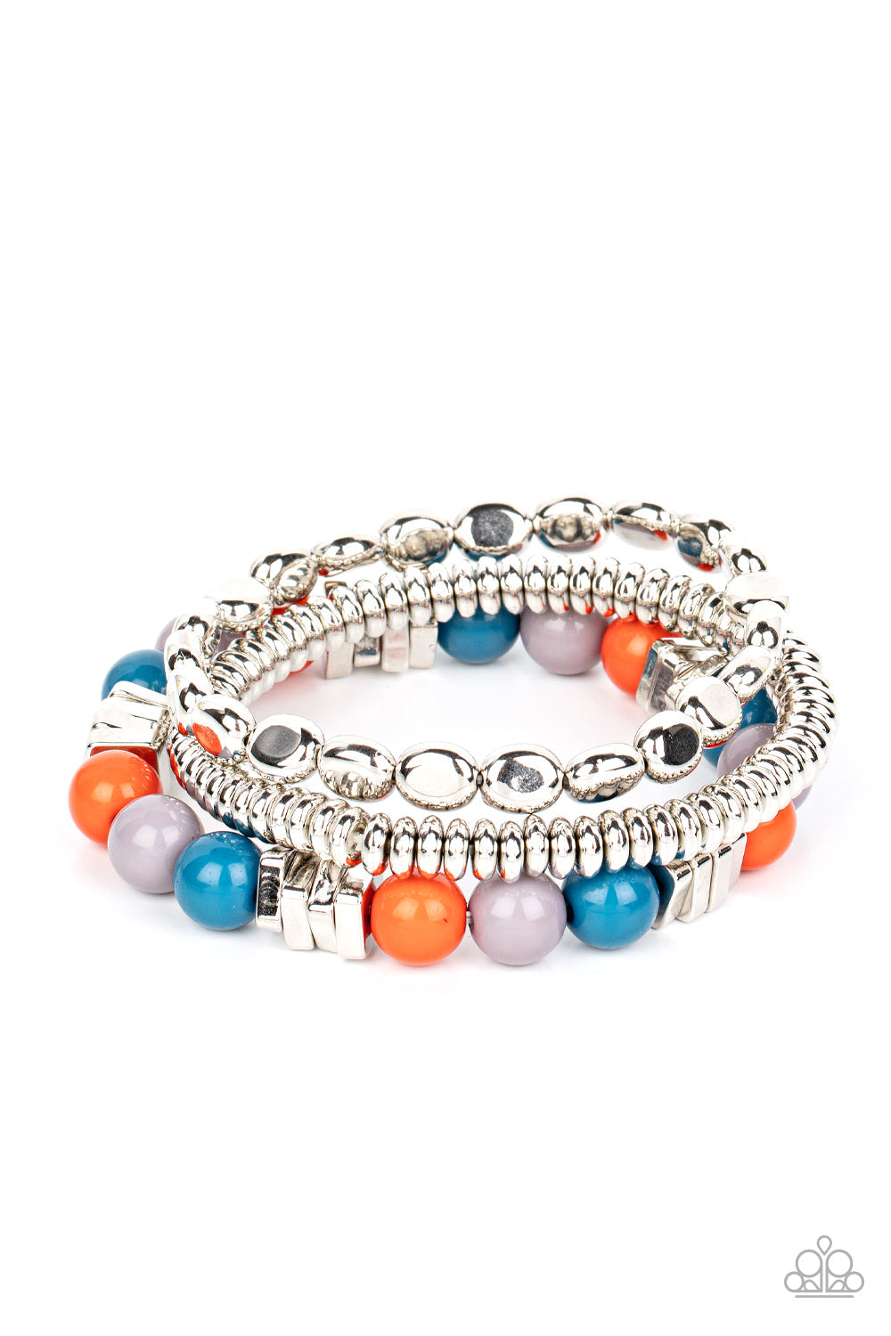 Tour de Tourist - Multi Bubbly Beads & Silver Disc Paparazzi Set of 3 Stretch Bracelets
