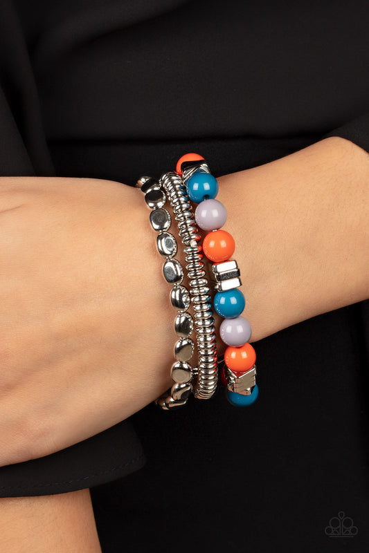 Tour de Tourist - Multi Bubbly Beads & Silver Disc Paparazzi Set of 3 Stretch Bracelets