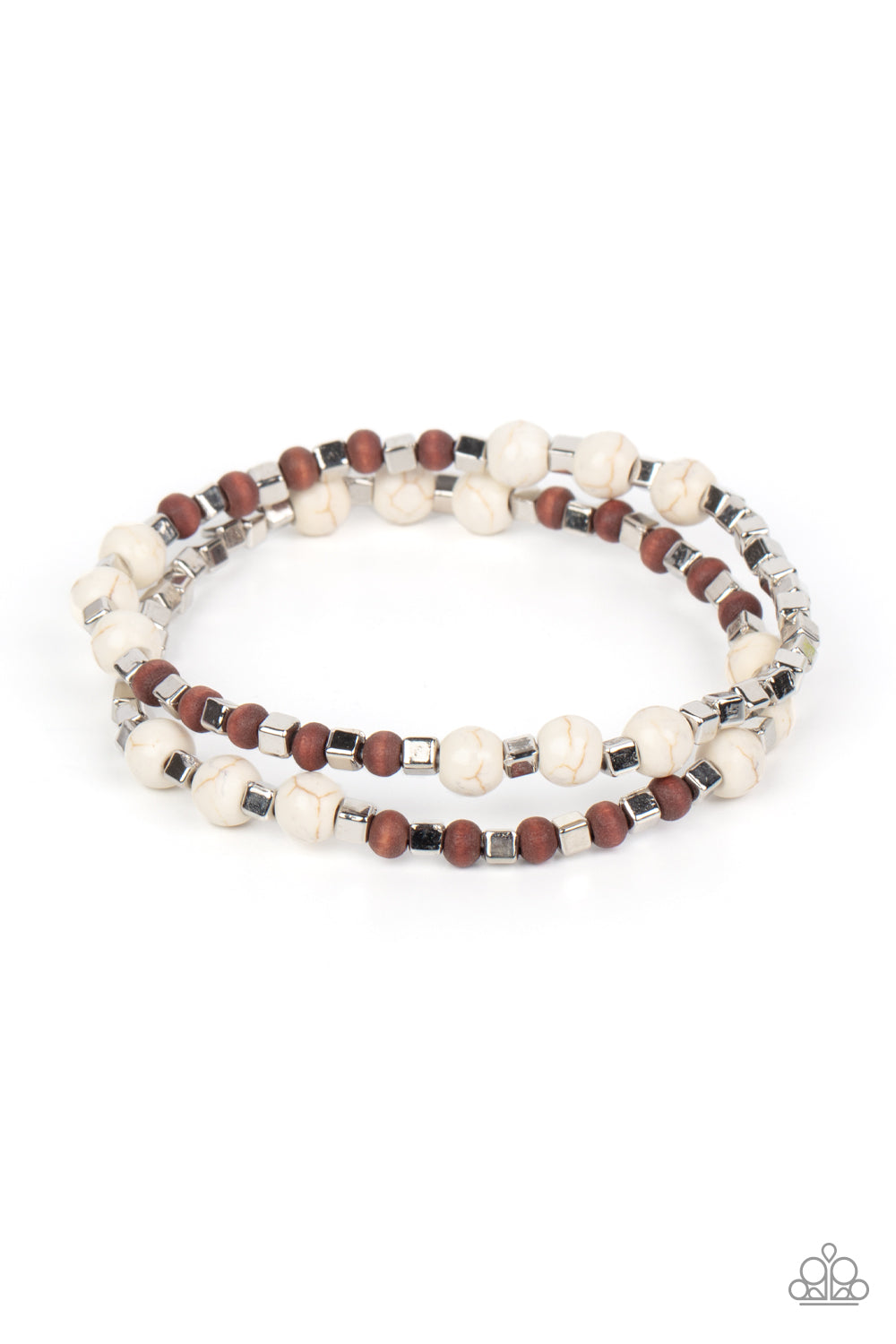Backcountry Beauty - White Stone, Wood, & Silver Cube Beaded Set of 2 Paparazzi Stretch Bracelets