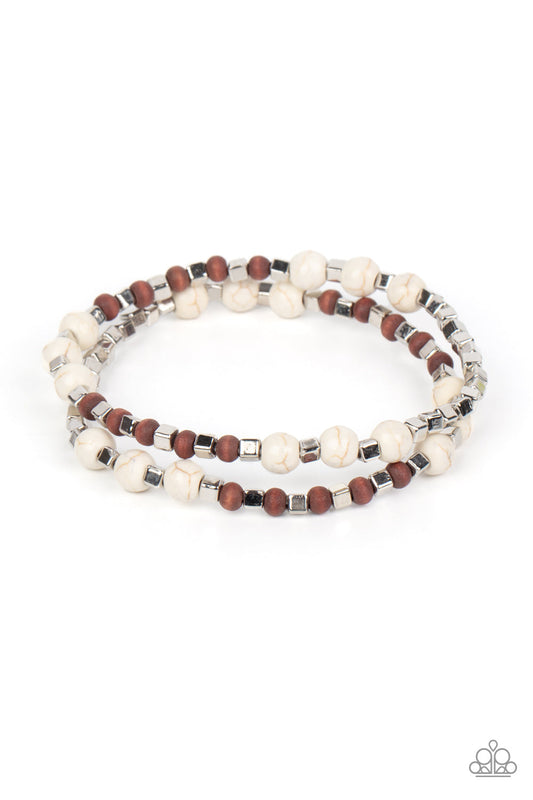 Backcountry Beauty - White Stone, Wood, & Silver Cube Beaded Set of 2 Paparazzi Stretch Bracelets