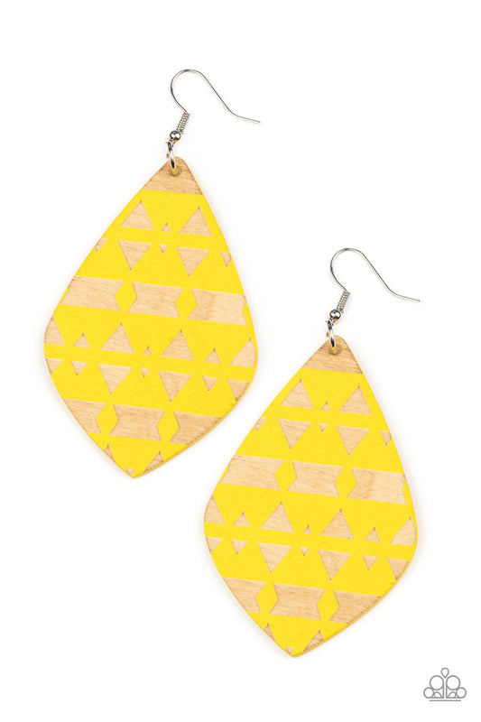 Zimbabwe Zoo - Yellow Geometric Tribal Pattern Diamond Shaped Wooden Paparazzi Earrings