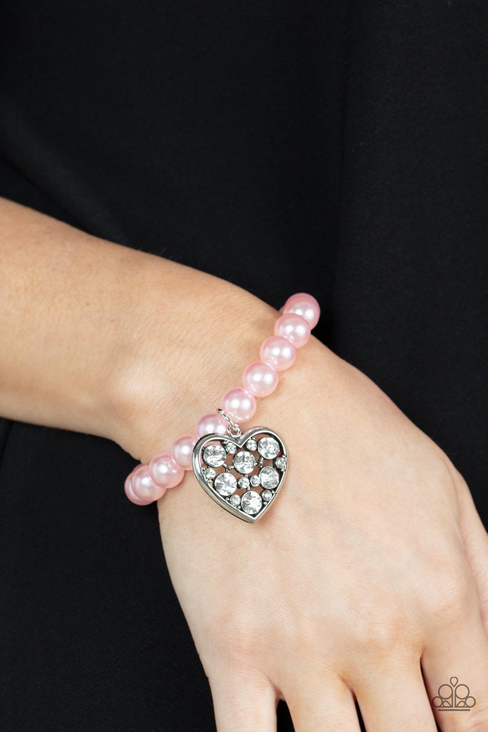 Cutely Crushing - Pink Oversized Pearls & Rhinestone Encrusted Heart Charm Paparazzi Stretch Bracelet