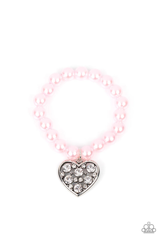 Cutely Crushing - Pink Oversized Pearls & Rhinestone Encrusted Heart Charm Paparazzi Stretch Bracelet