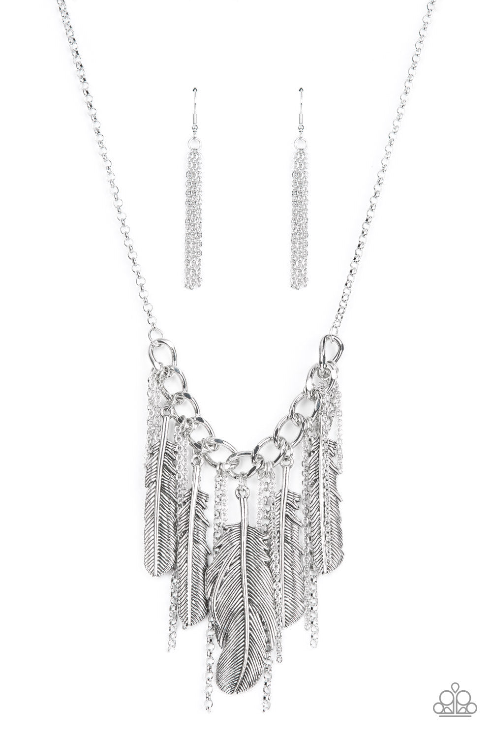 NEST Friends Forever - Silver Oversized Feather & Silver Chain Fringe Paparazzi Necklace & matching earrings
