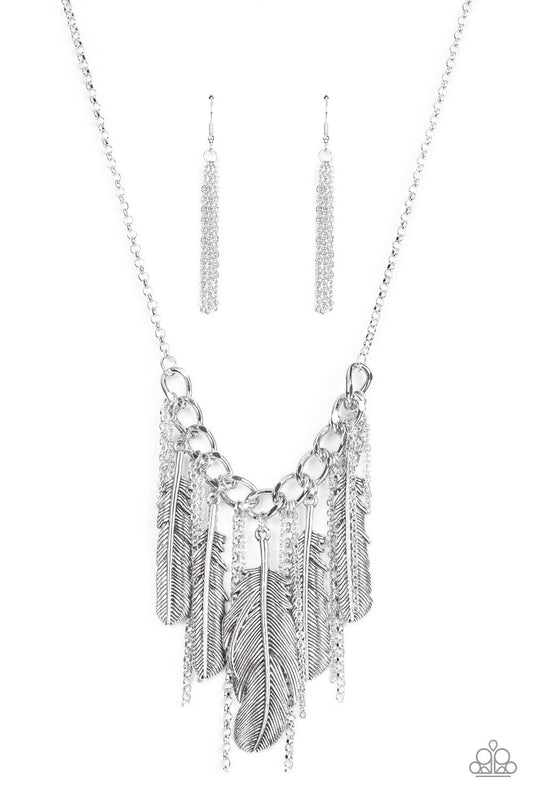 NEST Friends Forever - Silver Oversized Feather & Silver Chain Fringe Paparazzi Necklace & matching earrings