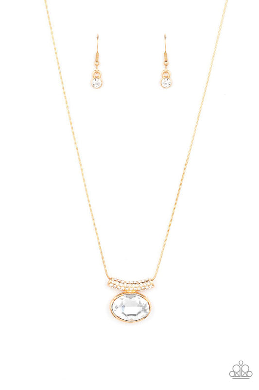 Pristinely Prestigious - Gold Snake Chain & Oval White Gem Pendant Paparazzi Necklace & matching earrings