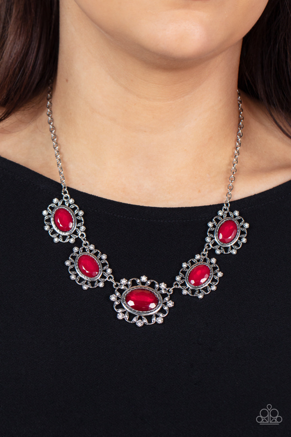 Meadow Wedding - Red Gems, White Rhinestones, & Leafy Frame Paparazzi Necklace & matching earrings