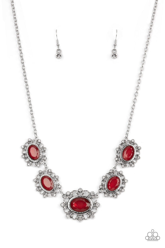 Meadow Wedding - Red Gems, White Rhinestones, & Leafy Frame Paparazzi Necklace & matching earrings
