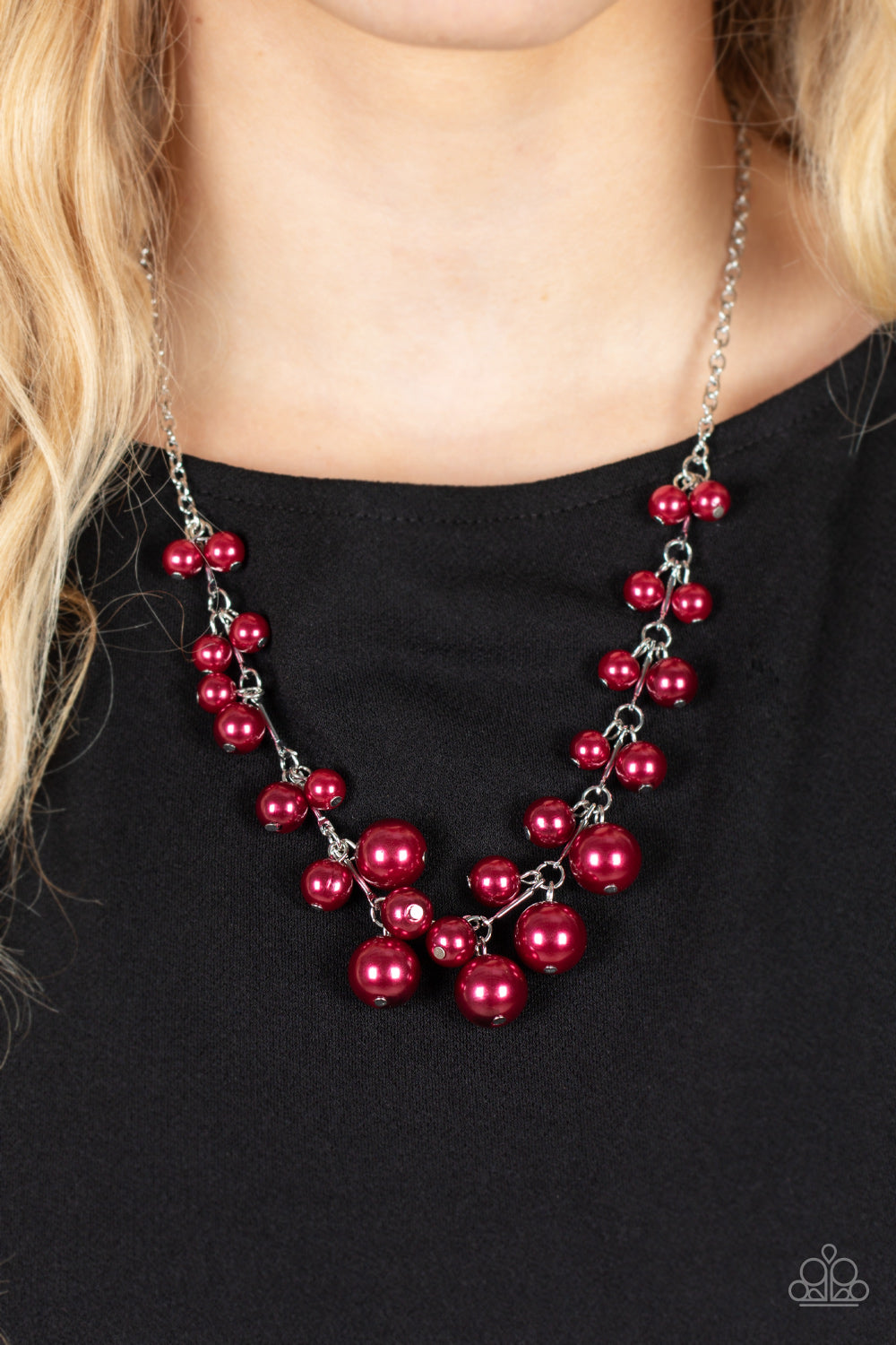 Tearoom Gossip - Red Pearl Cluster Paparazzi Necklace & matching earrings