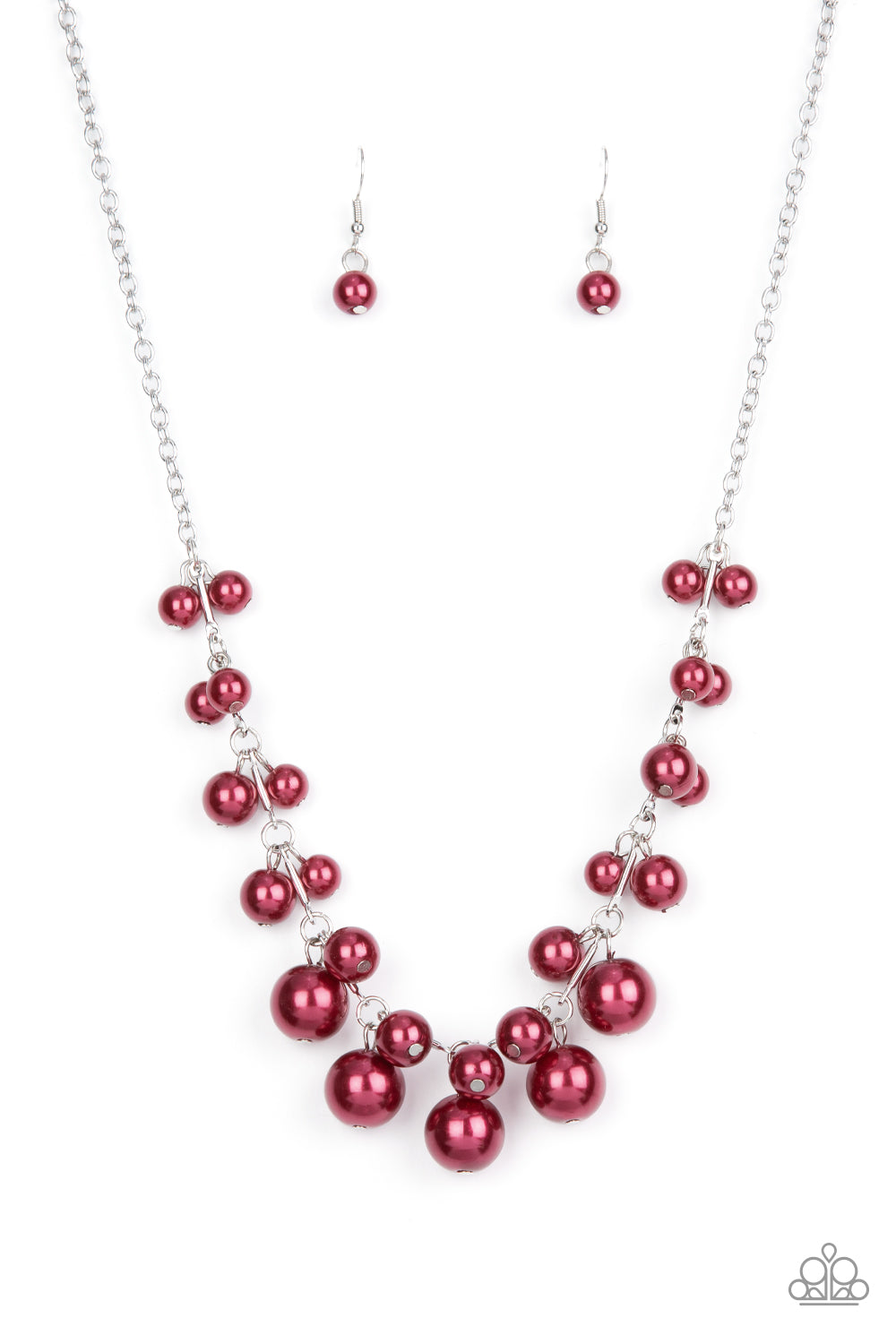 Tearoom Gossip - Red Pearl Cluster Paparazzi Necklace & matching earrings